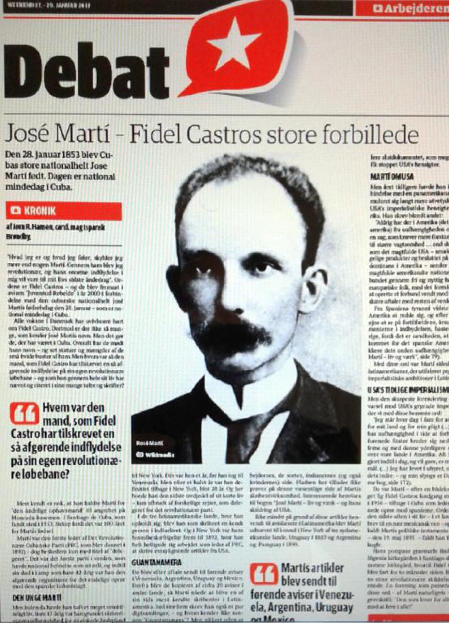 Artículo del periódico Arbejderen sobre Martí en ocasión del 164 aniversario de su natalicio