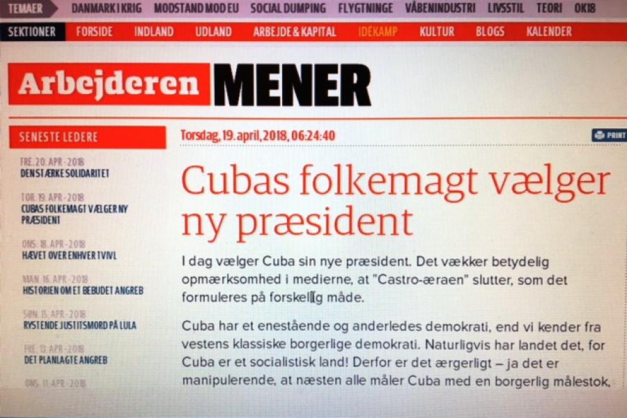 El poder popular de Cuba elige un nuevo presidente. Artículo publicado por periódico danés Arbejderen