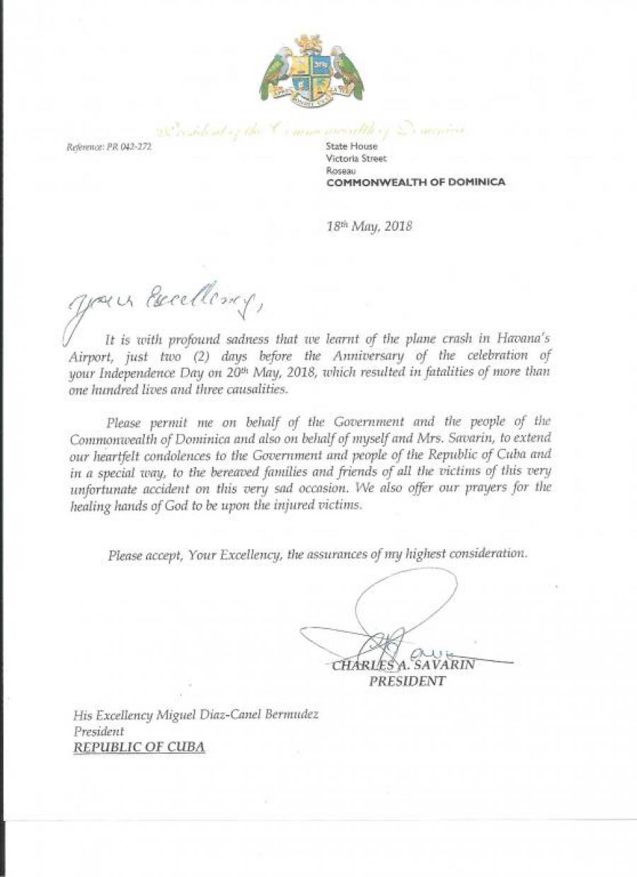 President of the Commonwealth of Dominica sends message of condolence to the President of Cuba for plane crash