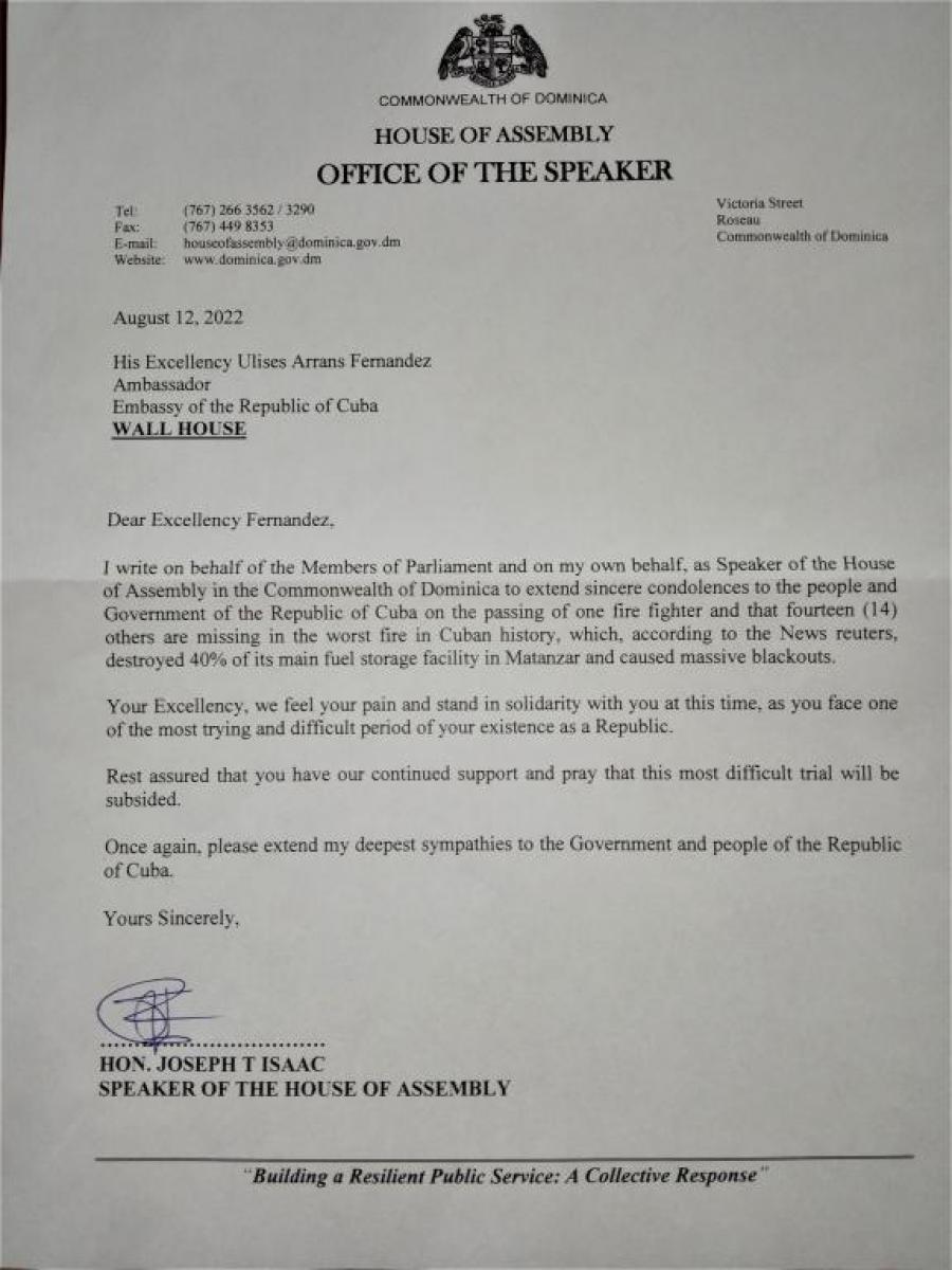 Parlamento de Dominica se solidariza con Cuba con motivo del incendio en la base de Supertanqueros de Matanzas.