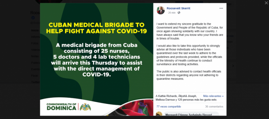 Agradece Primer Ministro de Dominica solidaridad del Gobierno y Pueblo de Cuba.