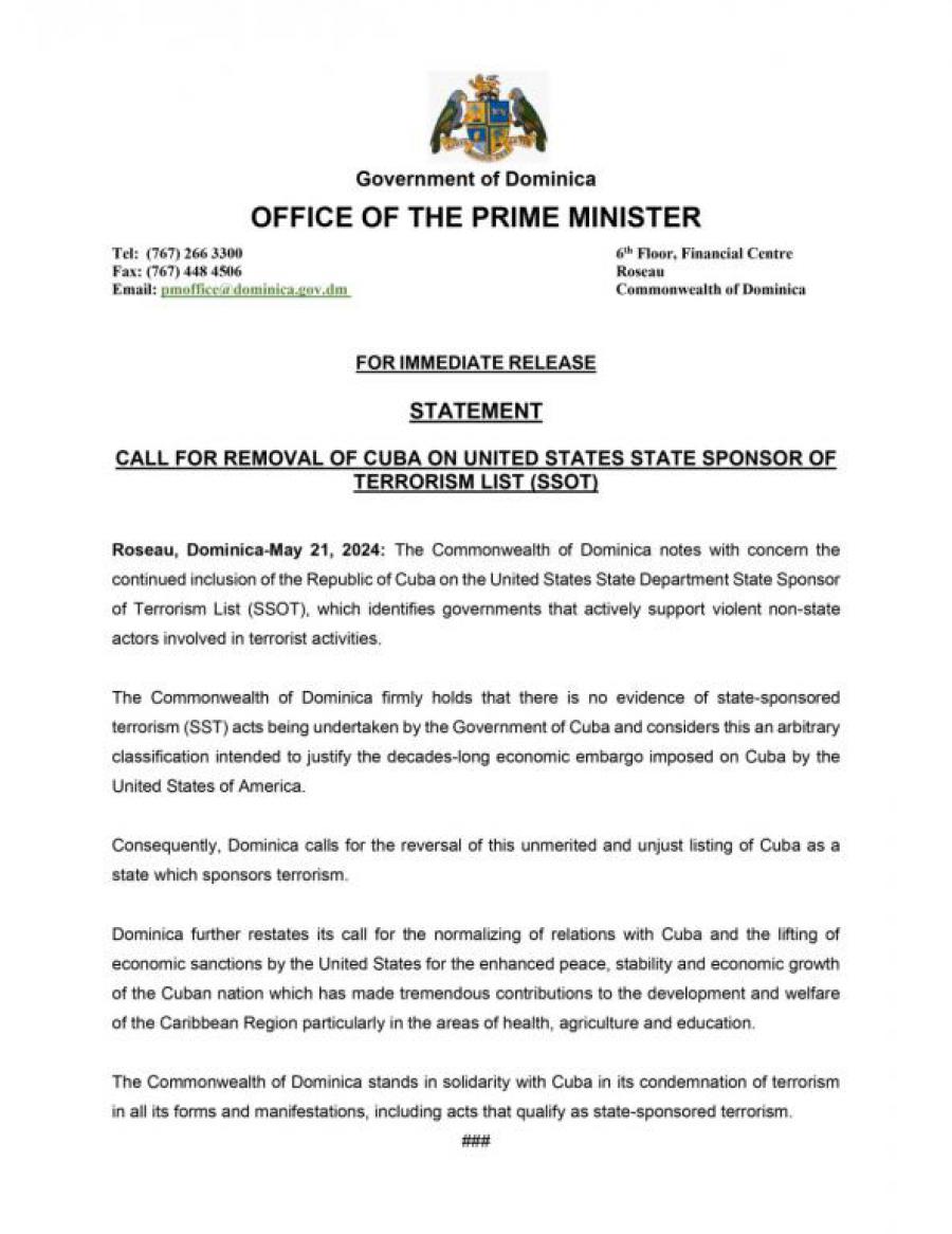 CALL FOR REMOVAL OF CUBA ON UNITED STATES STATE SPONSOR OF TERRORISM LIST (SSOT)