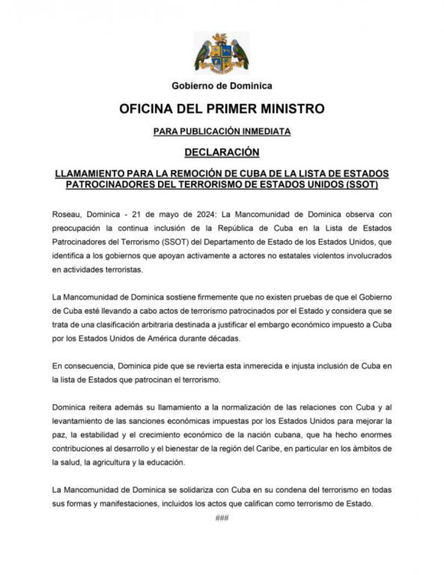 LLAMAMIENTO PARA LA REMOCIÓN DE CUBA DE LA LISTA DE ESTADOS PATROCINADORES DEL TERRORISMO DE ESTADOS UNIDOS (SSOT)
