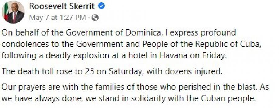 Mensaje de condolencia del Primer Ministro de Dominica con motivo del accidente en el Hotel Saratoga.
