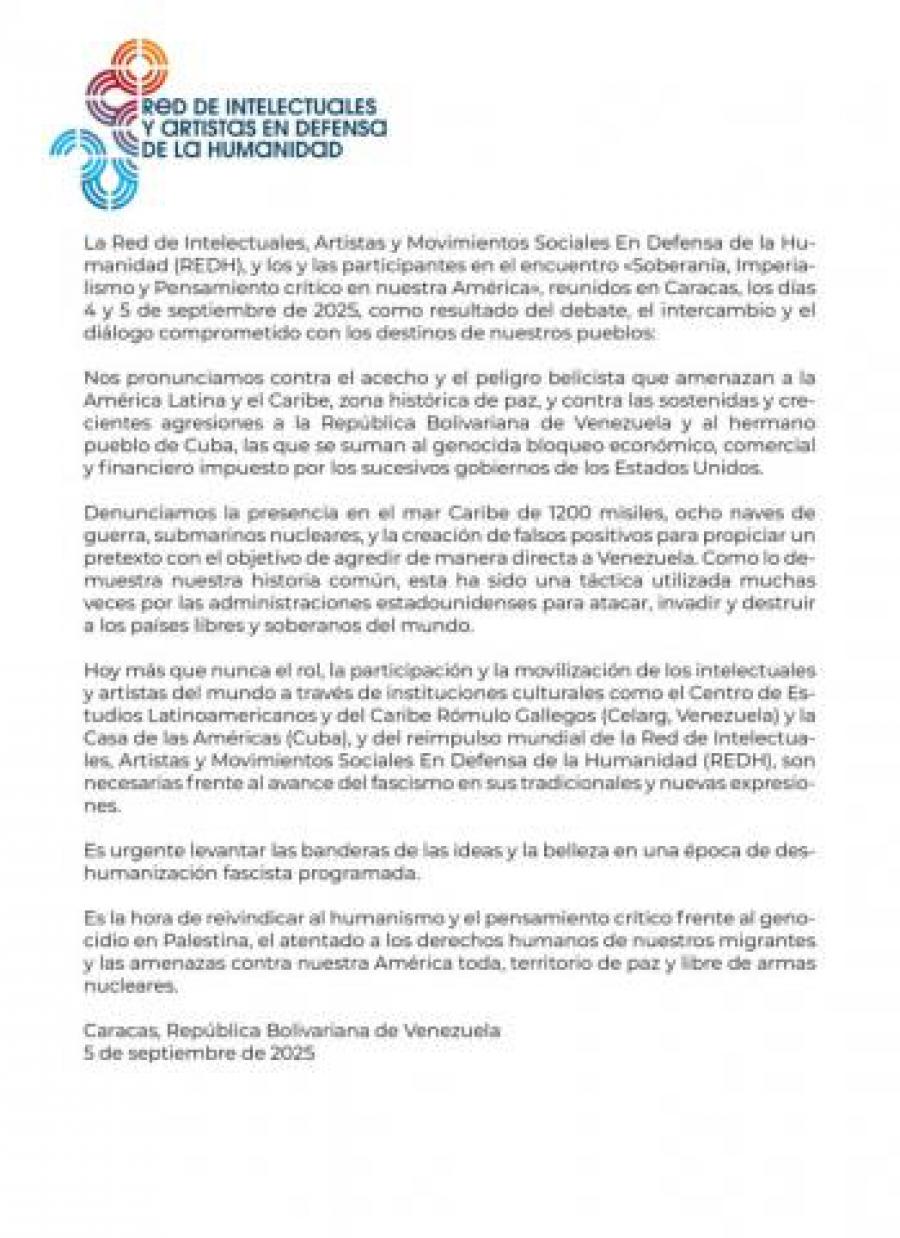Declaración de la Red de Intelectuales, Artistas y Movimientos Sociales En Defensa de la Humanidad, por la soberanía de nuestra América: en lucha contra el imperialismo