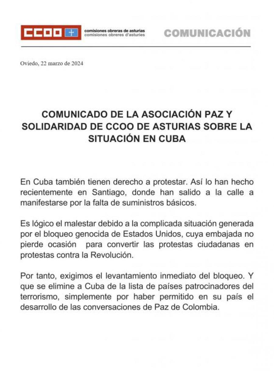 Comunicado de la Asociación Paz y Solidaridad de CCOO de Asturias sobre situación en Cuba