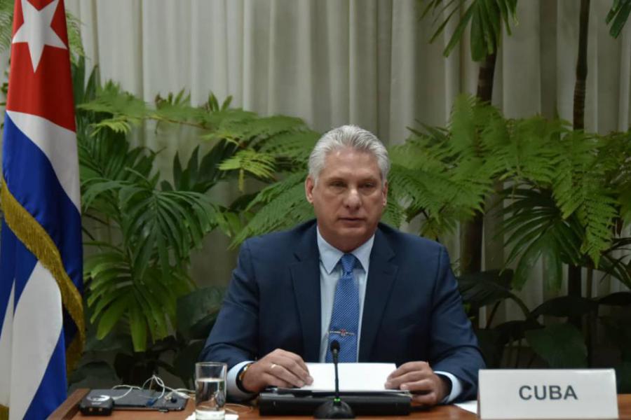 Intervención del presidente de la República de Cuba, Miguel Díaz-Canel Bermúdez, en la Cumbre Virtual del Movimiento de Países No Alineados “Unidos contra la COVID-19”. Foto: Estudios Revolución.