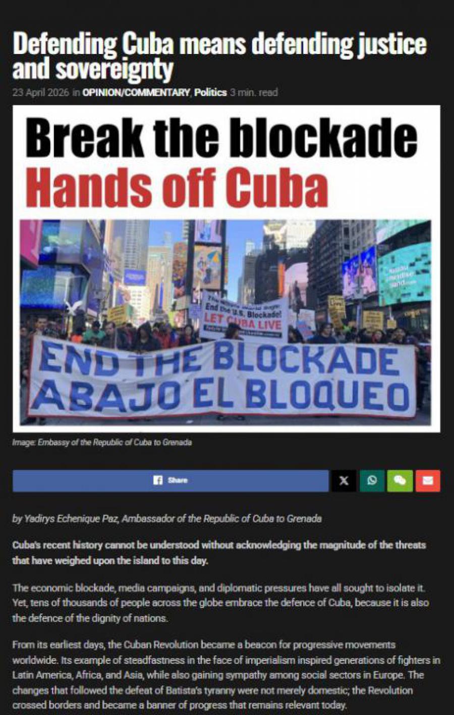 Medio granadino publica artículo de embajadora cubana sobre la defensa de la soberanía