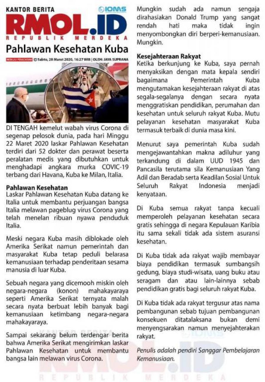 Indonesia media on Cuban medicine fight against COVID-19 