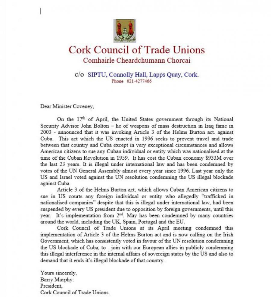 Cork Council of Trade Unions condemns Helms Burton Act.