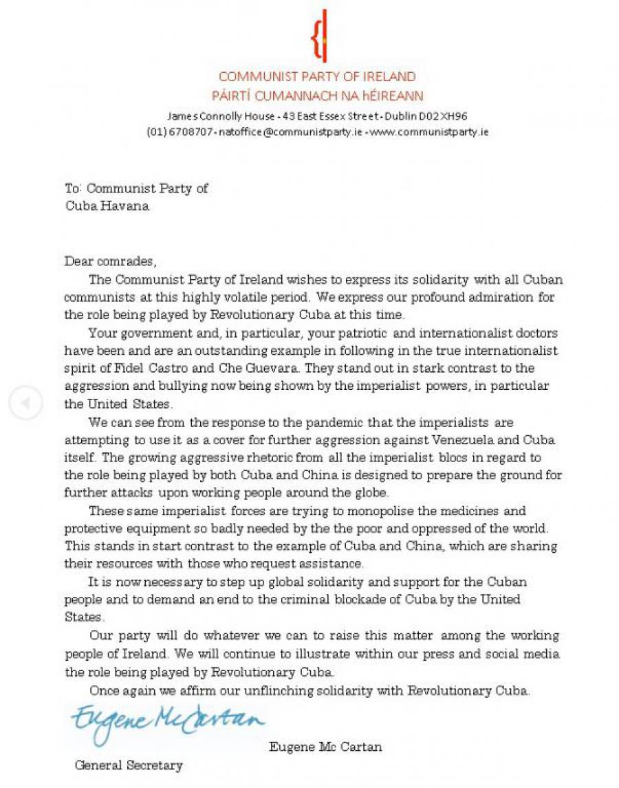 Letter of solidarity to the Communist Party of Cuba and the Cuban people, by Communist Party of Ireland.