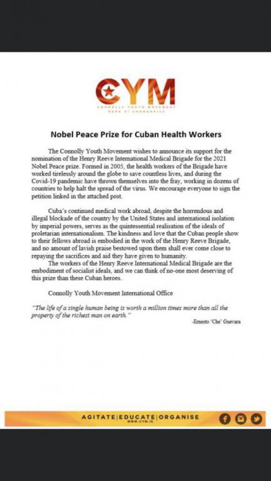 Jóvenes irlandeses apoyan otorgamiento del Premio Nobel de la Paz a las brigadas médicas cubanas.