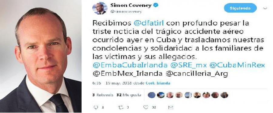 Envía el Viceprimer Ministro y Canciller de Irlanda Simon Coveney, mensaje de condolencias en ocasión del lamentable accidente aéreo ocurrido en La Habana.
