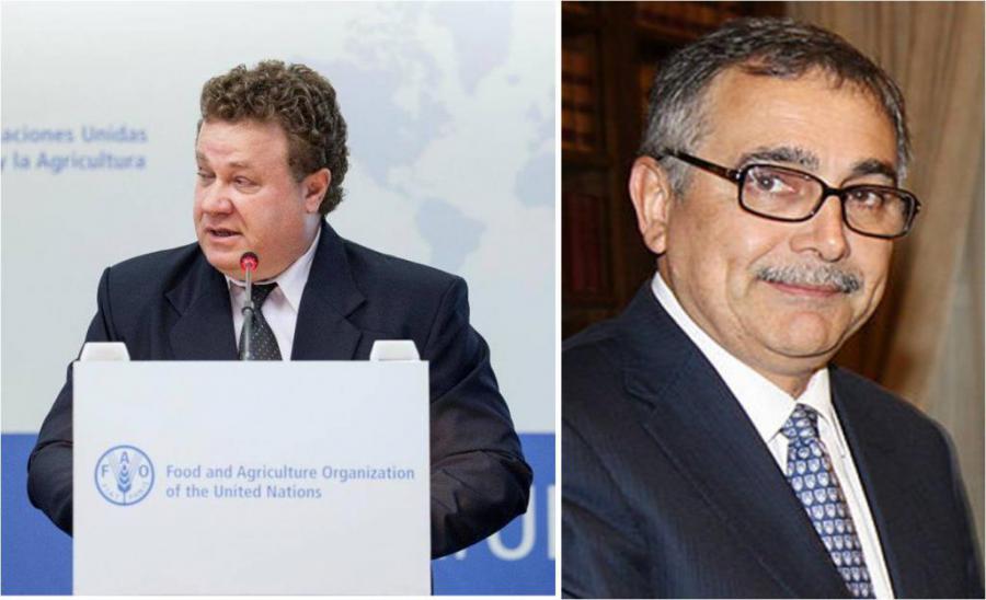 A la izquierda el Viceministro Primero del Ministerio de Agricultura de Cuba (MINAG), Julio Andrés García Pérez y a la derecha el Subdirector General de la Organización de las Naciones Unidas para la Alimentación y la Agricultura (FAO) para el clima y la biodiversidad, René Castro Salazar.