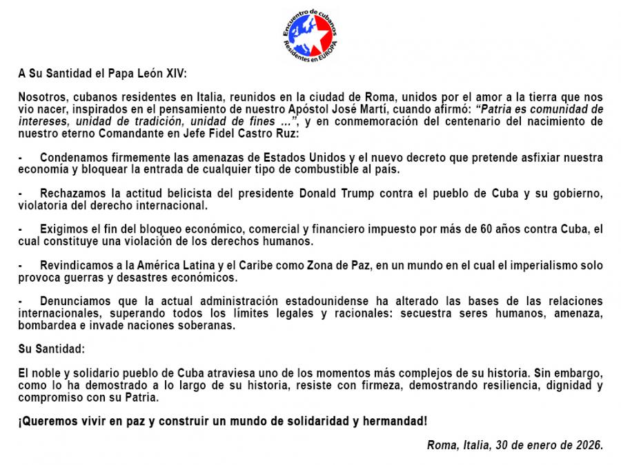 Carta abierta de cubanos residentes en Italia a Su Santidad el Papa León XIV Carta abierta de cubanos residentes en Italia a Su Santidad el Papa León XIV