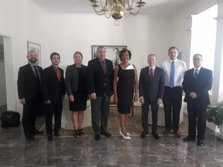 The work agenda included a meeting with the Honourable Governor of that British overseas territory, H.E Mr. Martyn Roper, OBE, and was also attended by the Honourable Deputy Governor, Mr. Franz Manderson, MBE, CERT.HON, JP, and other senior dignitaries of the Cayman Islands Government.