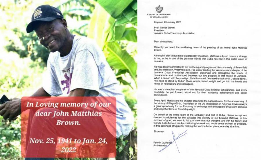 El Embajador de Cuba en Jamaica, Fermin Quiñones, envió un mensaje de condolencias por el fallecimiento de Matthias Brown, líder comunitario y coordinador de la Asociación de Amistad Jamaica Cuba (JCFA) en la región de Westmoreland.
