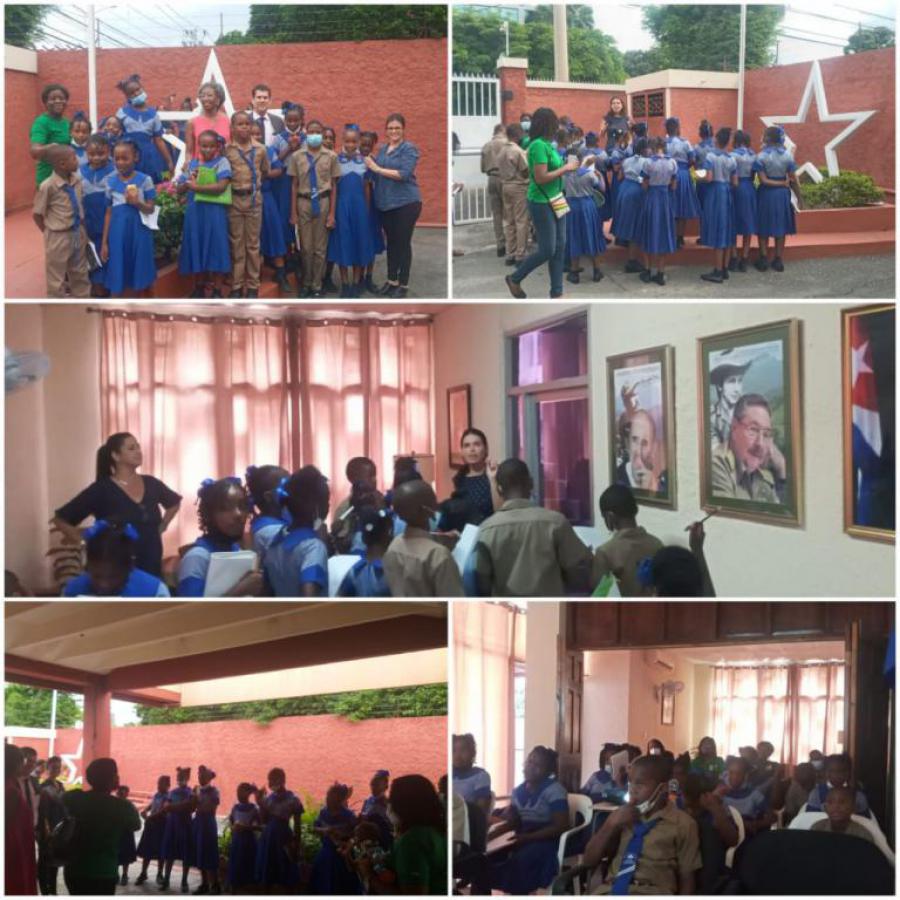 Students from St. Patrick's Primary School visit the Cuban Embassy in Jamaica.