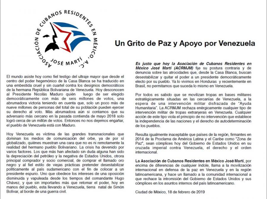 Declaración de Asociación de Cubanos Residentes en México "José Martí" en apoyo a Venezuela