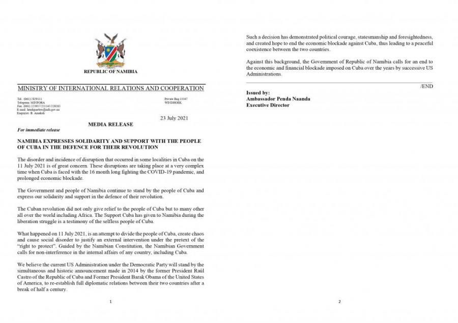 Declaration of the Ministry of International Relations and Cooperation of the Republic of Namibia.
