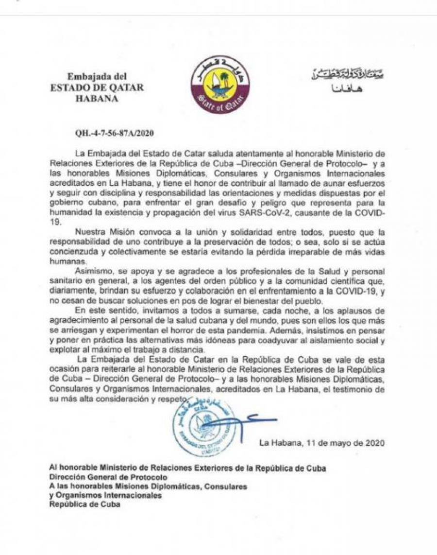 Embajada de Catar en Cuba reconoce labor de profesionales de la salud vs COVID-19