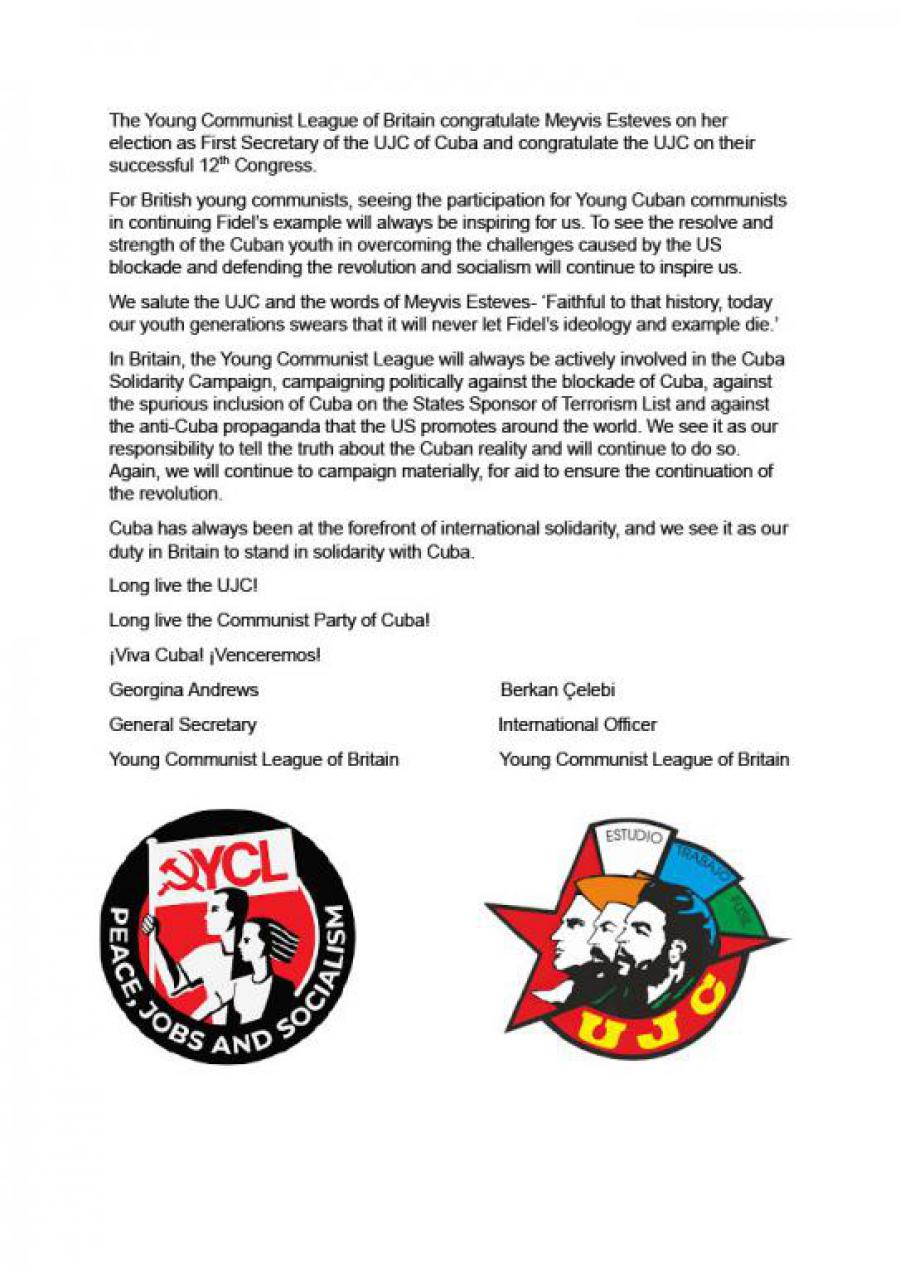 La Liga de Jóvenes Comunistas de Gran Bretaña envía un mensaje de felicitación a la UJC.