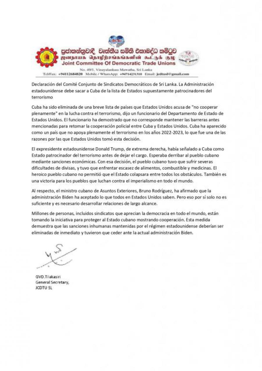 Declaración del Comité Conjunto de Sindicatos Democráticos de Sri Lanka. La Administración estadounidense debe sacar a Cuba de la lista de Estados supuestamente patrocinadores del terrorismo