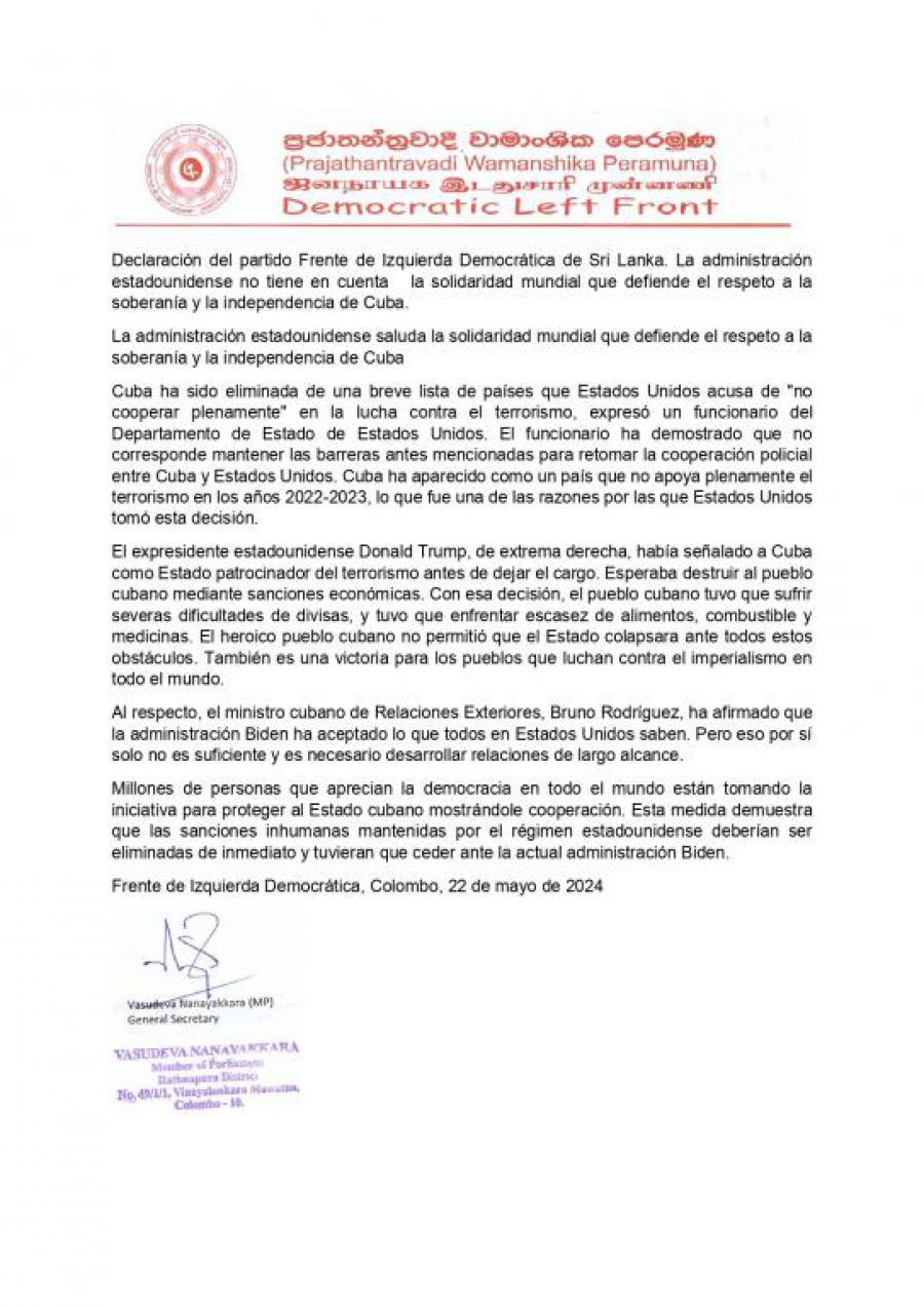 Declaración del partido Frente de Izquierda Democrática de Sri Lanka. La administración estadounidense no tiene en cuenta la solidaridad mundial que defiende el respeto a la soberanía y la independencia de Cuba.