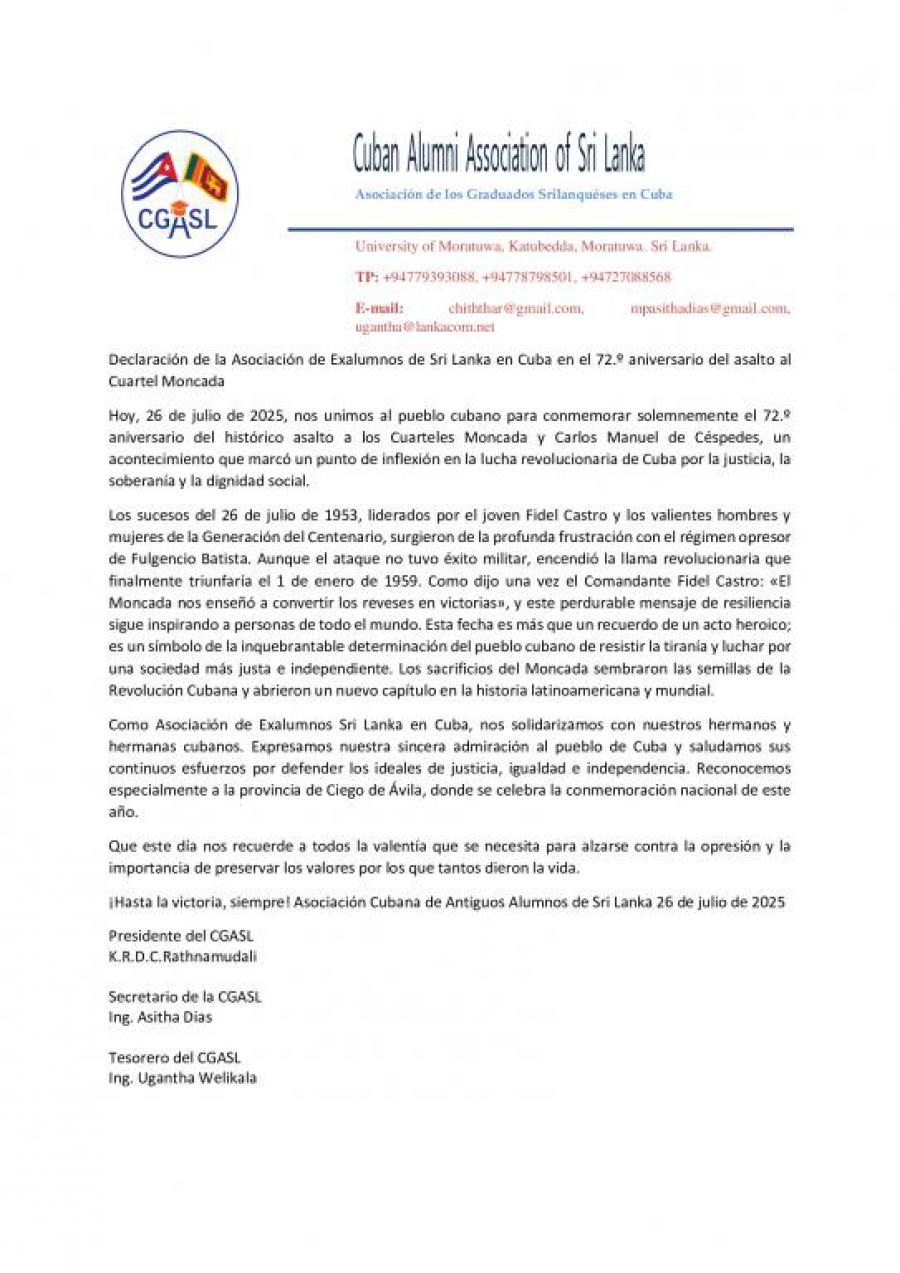 Declaración de la Asociación de Exalumnos de Sri Lanka en Cuba en el 72.º aniversario del asalto al Cuartel Moncada