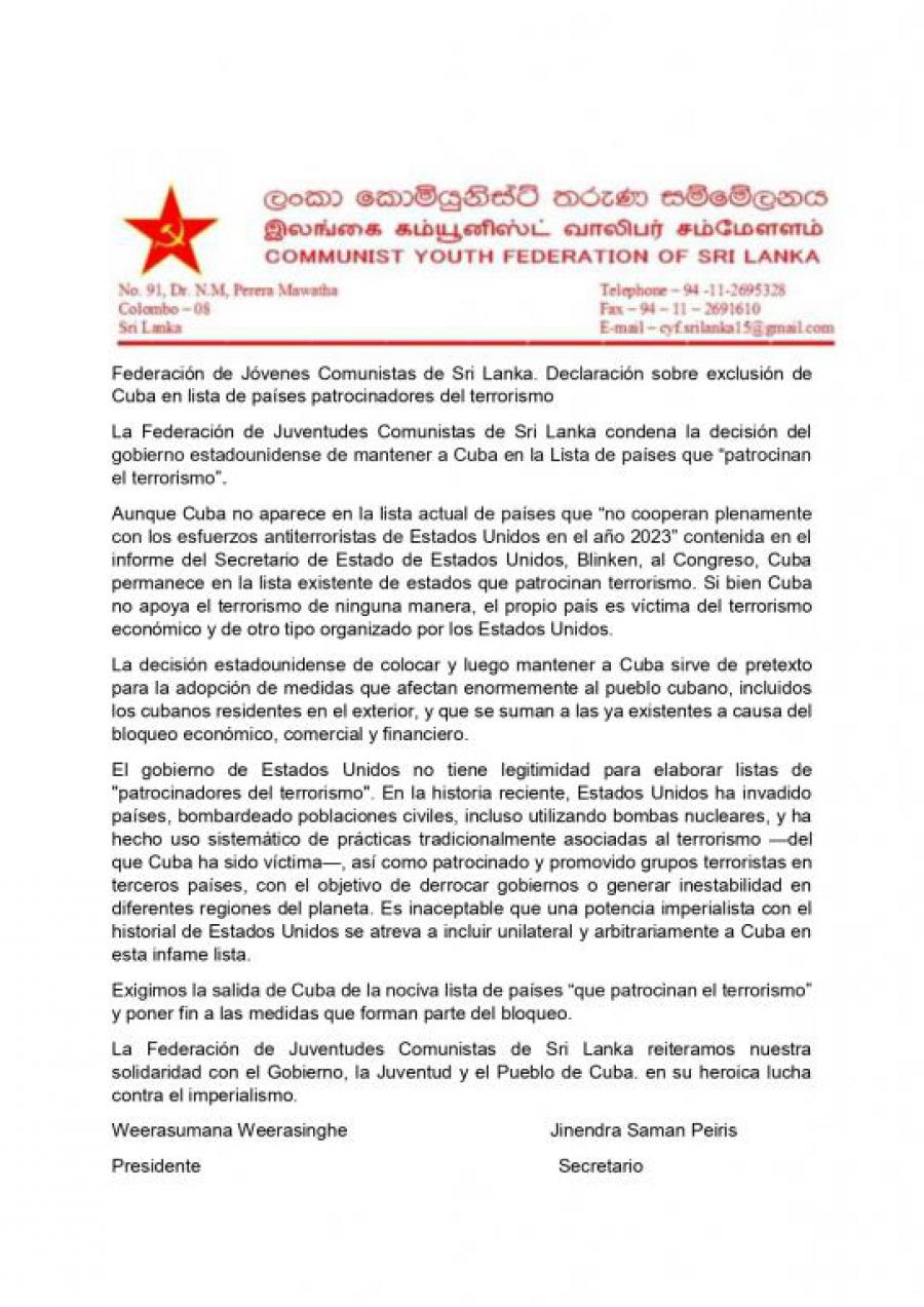 Federación de Jóvenes Comunistas de Sri Lanka. Declaración sobre exclusión de Cuba en lista de países patrocinadores del terrorismo 