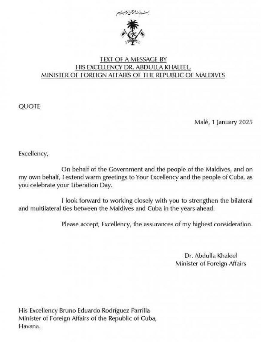 Congratulatory Message by His Excellency Dr. Abdulla Khaleel, Minister of Foreign Affairs of The Republic of Maldives