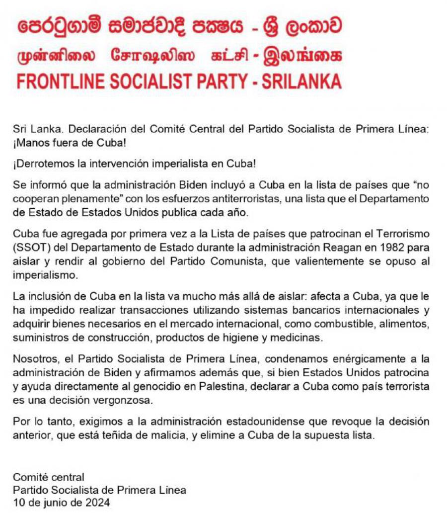 Sri Lanka. Declaración del Comité Central del Partido Socialista de Primera Línea: ¡Manos fuera de Cuba!