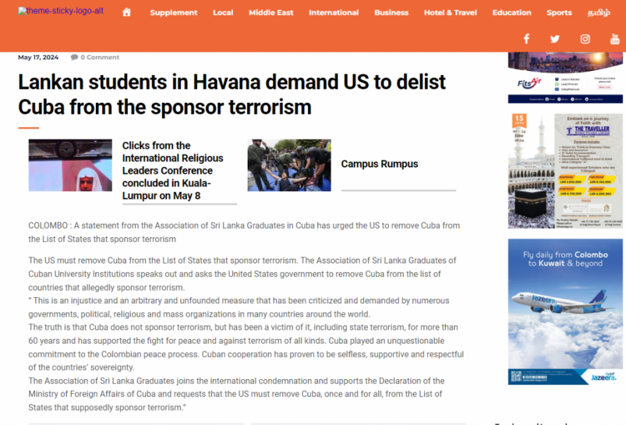 News Portal in Sri Lanka publishes statement from graduate students in Cuba, demanding that Cuba be removed from the list of countries sponsoring terrorism. News Portal in Sri Lanka publishes statement from graduate students in Cuba, demanding that Cuba be removed from the list of countries sponsoring terrorism.