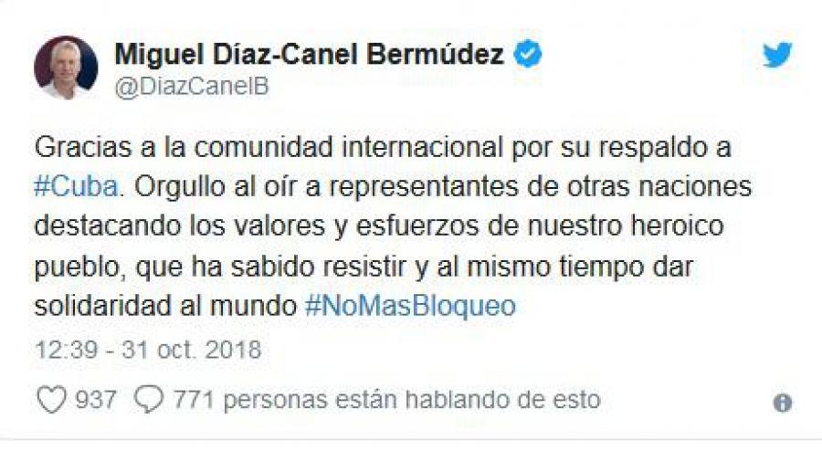 Presidente Díaz-Canel agradece a la comunidad internacional su respaldo contra el bloqueo #UnBlockCuba Presidente Díaz-Canel agradece a la comunidad internacional su respaldo contra el bloqueo #UnBlockCuba