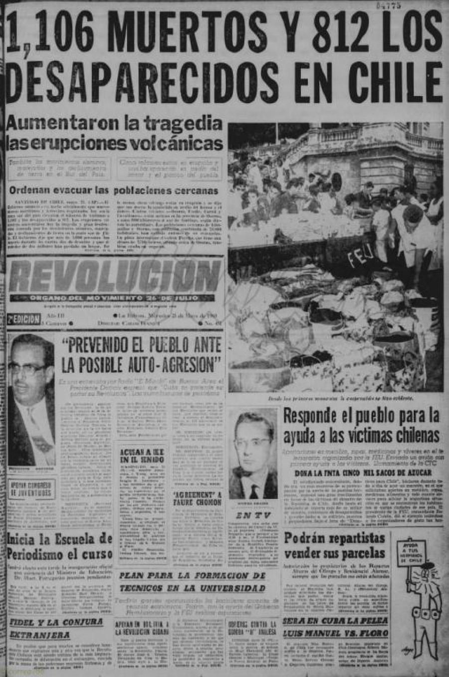 En La Habana, tan pronto conoció la noticia, el entonces primer ministro Comandante Fidel Castro,le ofreció al pueblo chileno la solidaridad del pueblo cubano, así como una ayuda material y humanitaria