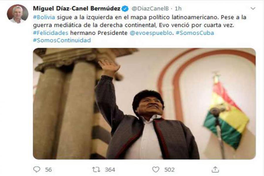 Cuban president congratulates Evo Morales for his re-election