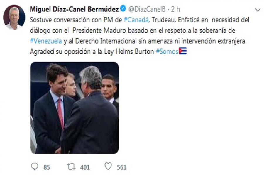 Cuban President talks with Prime Minister of Canada
