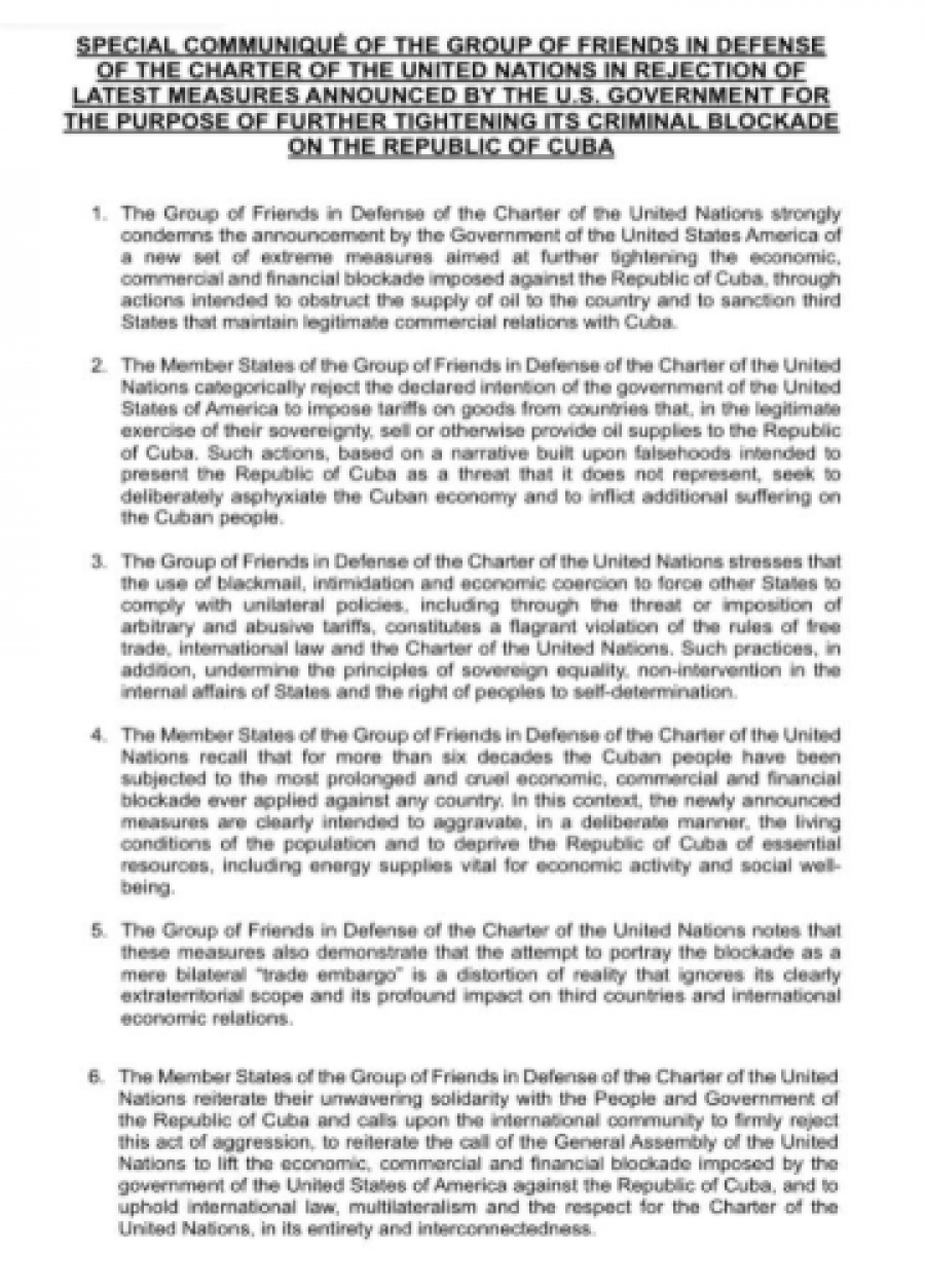 The UN Charter Friends Group adopted a Special Communiqué strongly condemning the announcement by the US government