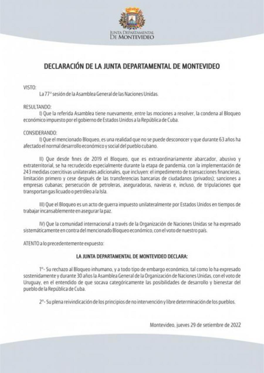 Junta Departamental de Montevideo aprobó declaración de condena al bloqueo de EE. UU. contra Cuba