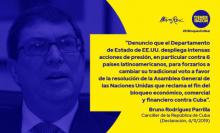 Declaración de denuncia de las presiones de Estados Unidos dirigidas a restar apoyos de países latinoamericanos al proyecto de resolución cubano contra el bloqueo económico, comercial y financiero que sufre su pueblo.
