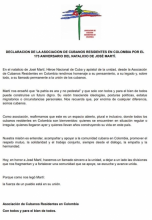 Foto: Declaración de la Asociación de Cubanos Residentes en Colombia en el aniversario de José Martí.