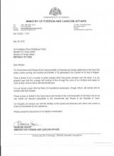 Canciller de la Mancomunidad de Dominica envia mensaje de condolencia al Canciller de Cuba por accidente de aviación.