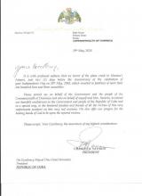 Presidente de la Mancomunidad de Dominica envia mensaje de condolencia al Presidente de Cuba por accidente de aviación.