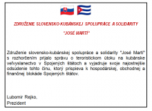 Declaración de la Asociación de cooperación y solidaridad eslovaco-cubana “JOSÉ MARTÍ”