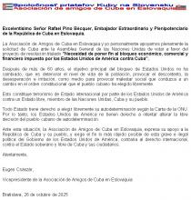 Declaración de la Asociación de Amigos de Cuba en Eslovaquia en apoyo a Cuba y contra el bloqueo de EEUU