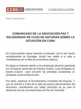Comunicado de la Asociación Paz y Solidaridad de CCOO de Asturias sobre situación en Cuba