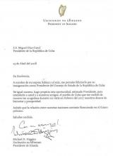 Envió el Presidente de Irlanda Michael D. Higgins, mensaje de felicitación a Miguel Díaz-Canel Bermúdez, en ocasión de su elección como Presidente de los Consejos de Estado y de Ministros de la República de Cuba.
