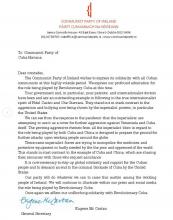 Letter of solidarity to the Communist Party of Cuba and the Cuban people, by Communist Party of Ireland. Letter of solidarity to the Communist Party of Cuba and the Cuban people, by Communist Party of Ireland.