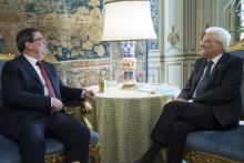 A la izquierda Ministro de Relaciones Exteriores de Cuba, Bruno Rodríguez y a la derecha Presidente de la República Italiana, Sergio Mattarella