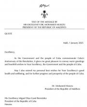 Congratulatory Message by Dr. Mohamed Muizzu President of the Republic Of Maldives to Miguel Díaz-Canel Bermúdez, Cuban President 